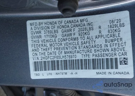 2020 Honda Civic Lx из США, поврежденный, VIN 2HGFC2F65LH576970